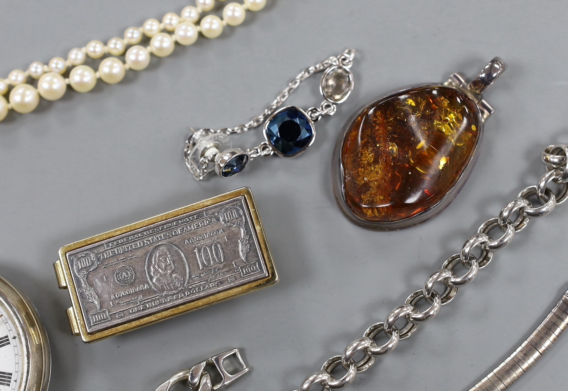 Two silver open faced pocket watches and a group of minor jewellery including bracelets, pendant, bangle, cultured pearl necklace etc.